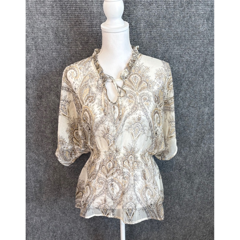 Pinky Womens Small Paisley Ruffle Neck Tie Waist Sheer Blouse Neutral Tan Cream
